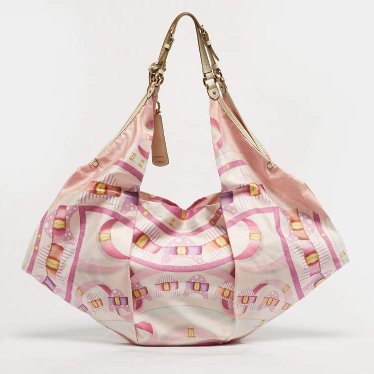Pre Owned Salvatore Ferragamo Pleated Bow Print Pink Leather and Nylon Hobo