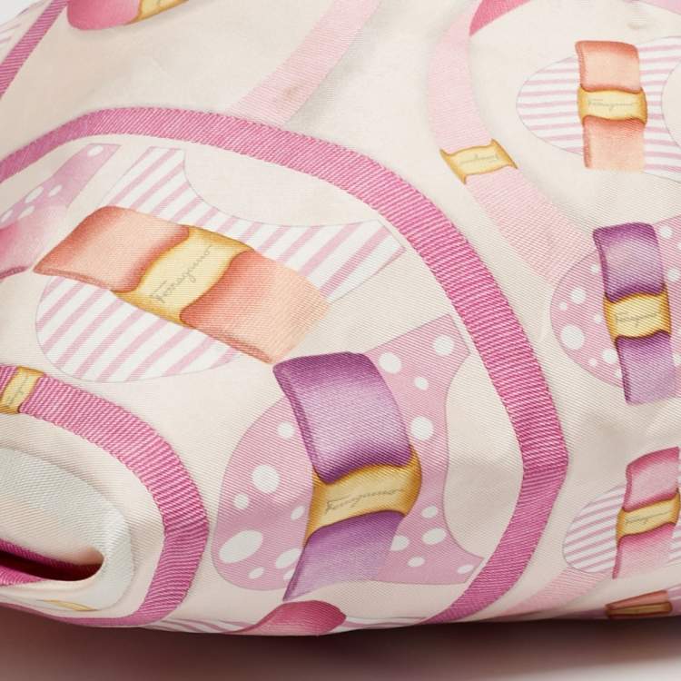 Pre Owned Salvatore Ferragamo Pleated Bow Print Pink Leather and Nylon Hobo