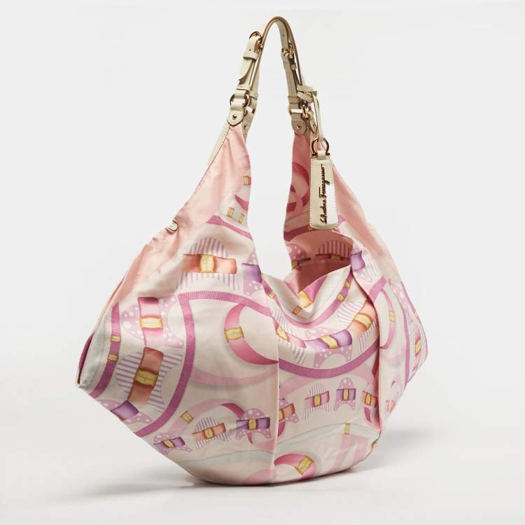 Pre Owned Salvatore Ferragamo Pleated Bow Print Pink Leather and Nylon Hobo