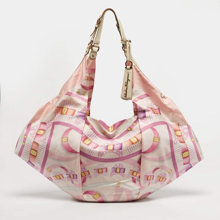 Pre Owned Salvatore Ferragamo Pleated Bow Print Pink Leather and Nylon Hobo