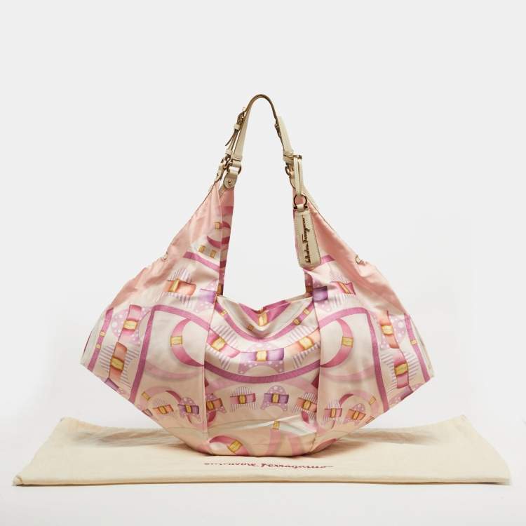 Pre Owned Salvatore Ferragamo Pleated Bow Print Pink Leather and Nylon Hobo