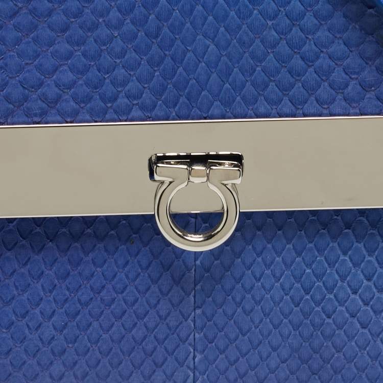 Pre Owned Salvatore Ferragamo Sofia Mini Blue Python Metal Frame Top Handle Bag