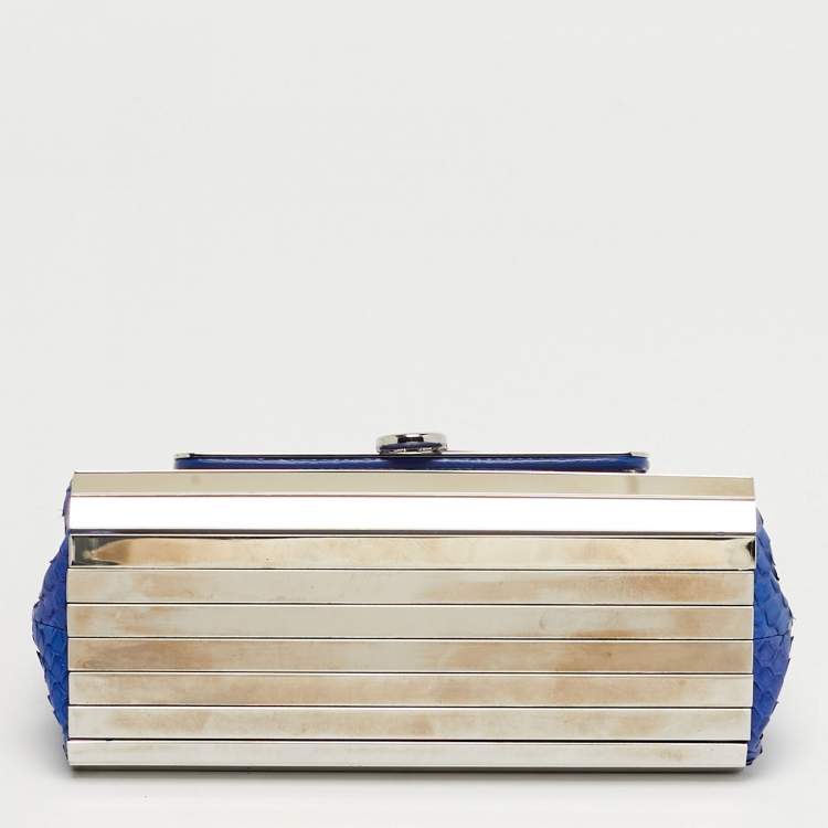Pre Owned Salvatore Ferragamo Sofia Mini Blue Python Metal Frame Top Handle Bag