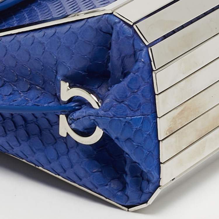 Pre Owned Salvatore Ferragamo Sofia Mini Blue Python Metal Frame Top Handle Bag