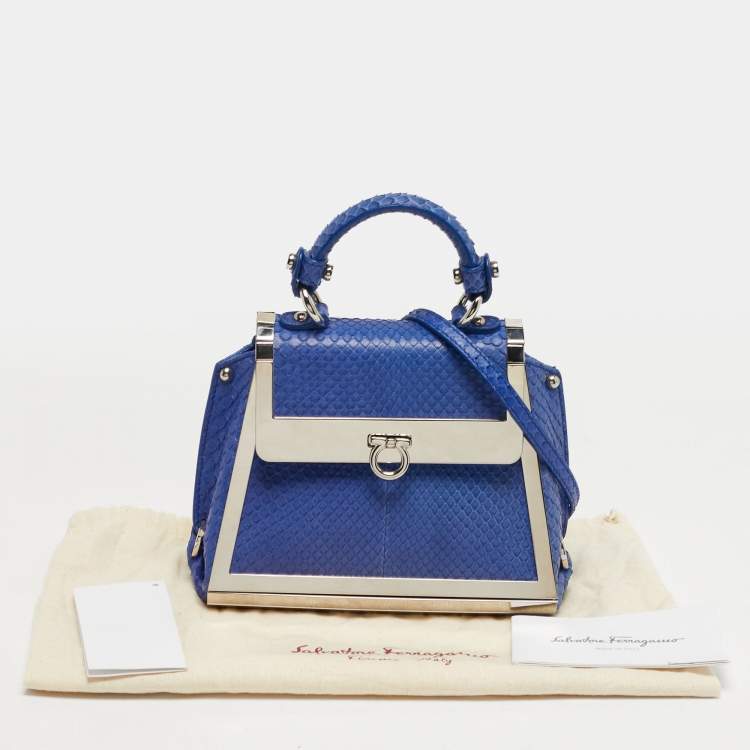 Pre Owned Salvatore Ferragamo Sofia Mini Blue Python Metal Frame Top Handle Bag