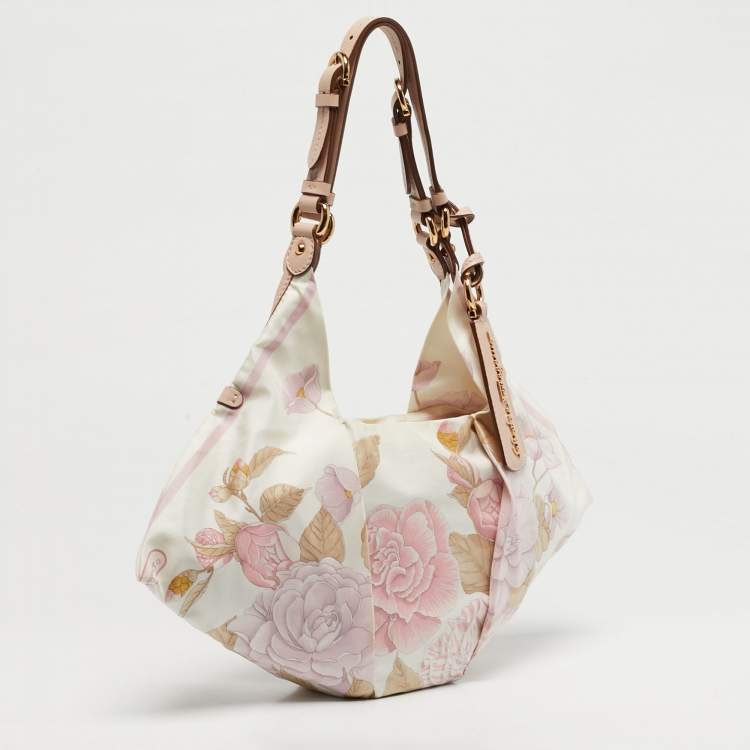 مملوكة مسبقًا Salvatore Ferragamo Pink Pleated Floral Leather and Satin Hobo