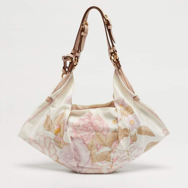 مملوكة مسبقًا Salvatore Ferragamo Pink Pleated Floral Leather and Satin Hobo