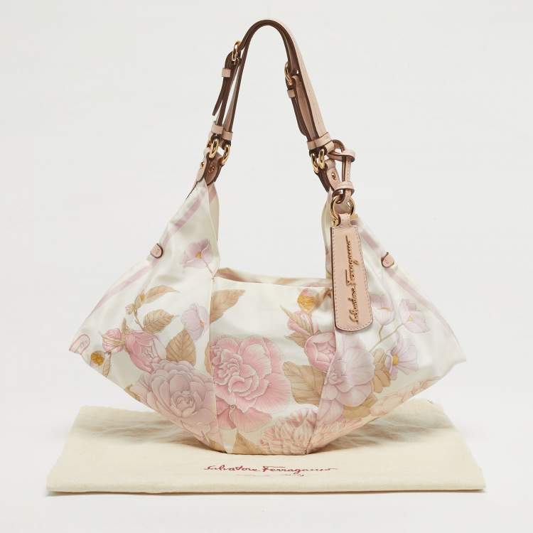 مملوكة مسبقًا Salvatore Ferragamo Pink Pleated Floral Leather and Satin Hobo
