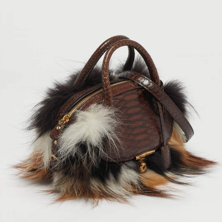 Pre Owned Salvatore Ferragamo Fiamma Brown Python and Fox Fur Satchel