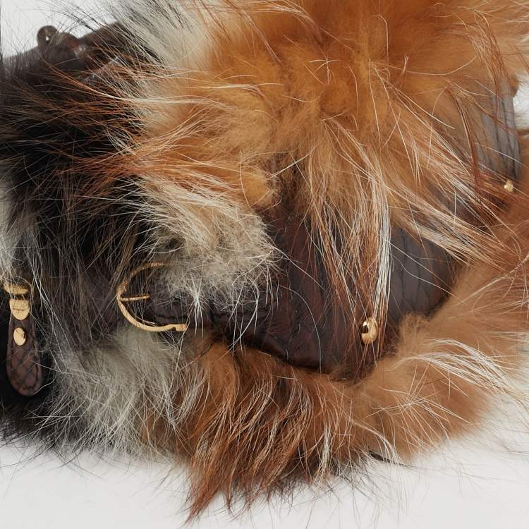 Pre Owned Salvatore Ferragamo Fiamma Brown Python and Fox Fur Satchel