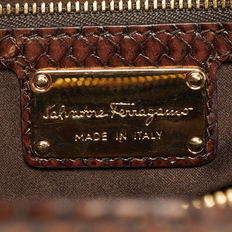Pre Owned Salvatore Ferragamo Fiamma Brown Python and Fox Fur Satchel