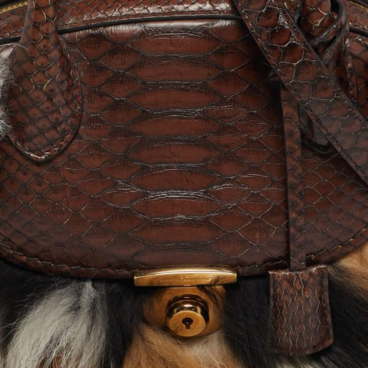 Pre Owned Salvatore Ferragamo Fiamma Brown Python and Fox Fur Satchel