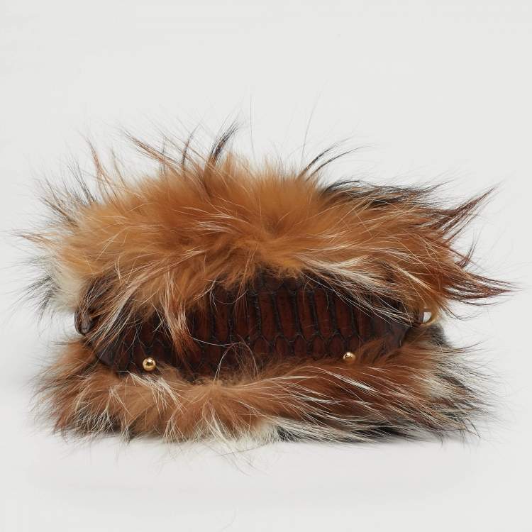 Pre Owned Salvatore Ferragamo Fiamma Brown Python and Fox Fur Satchel