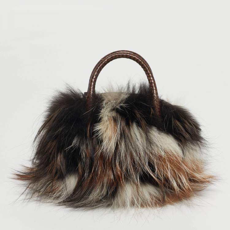 Pre Owned Salvatore Ferragamo Fiamma Brown Python and Fox Fur Satchel