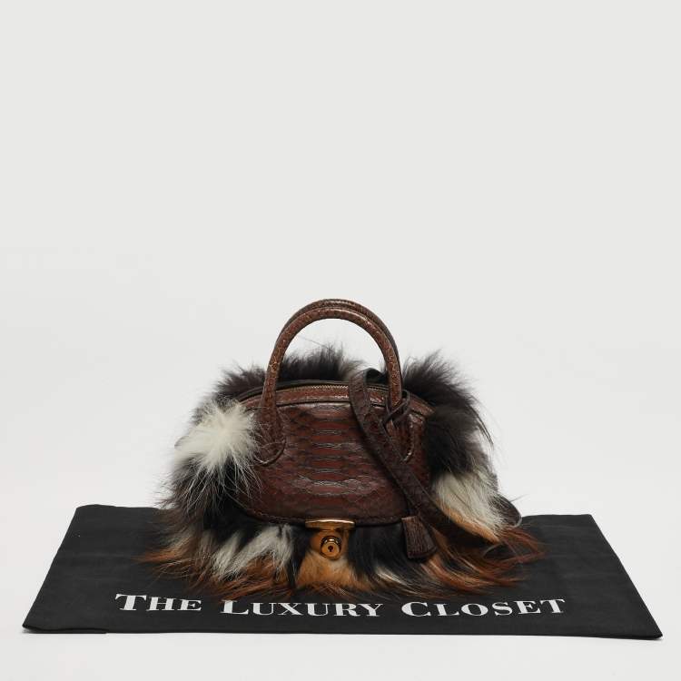 Pre Owned Salvatore Ferragamo Fiamma Brown Python and Fox Fur Satchel