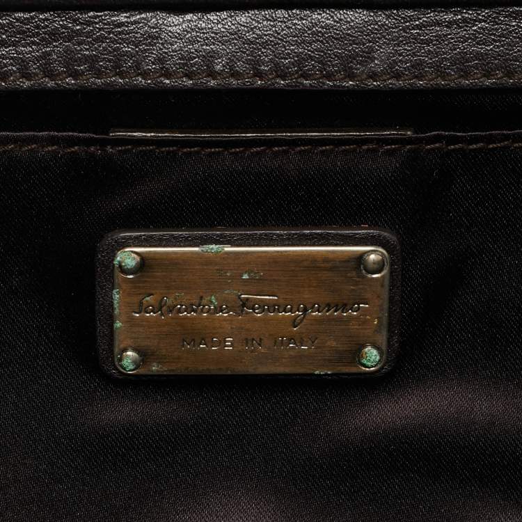 Pre Owned Salvatore Ferragamo Musa Gancini Brown Satin Clutch