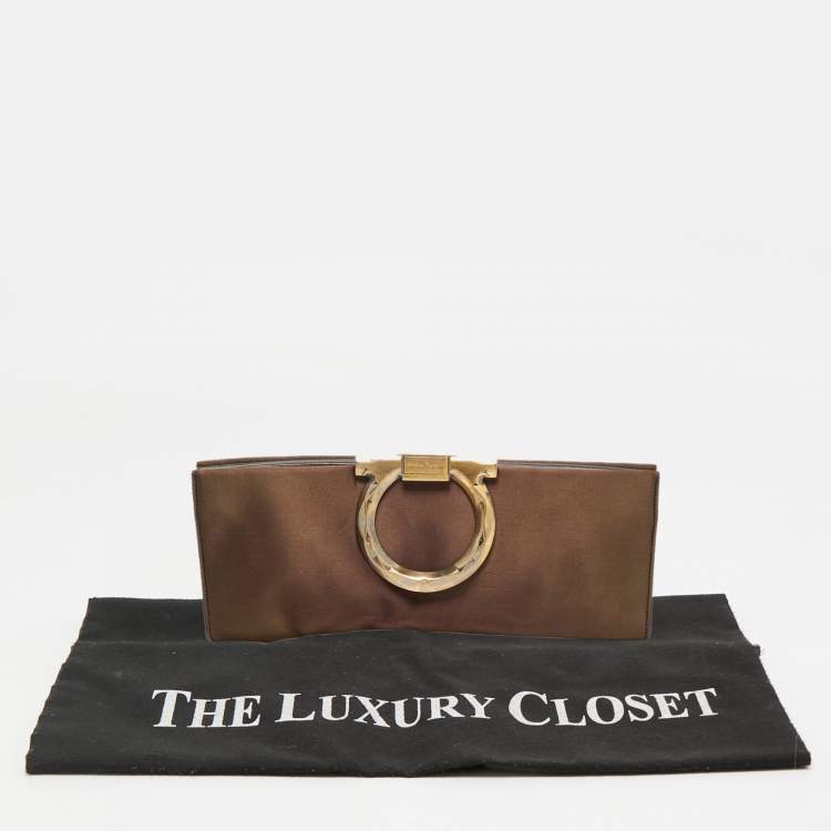 Pre Owned Salvatore Ferragamo Musa Gancini Brown Satin Clutch