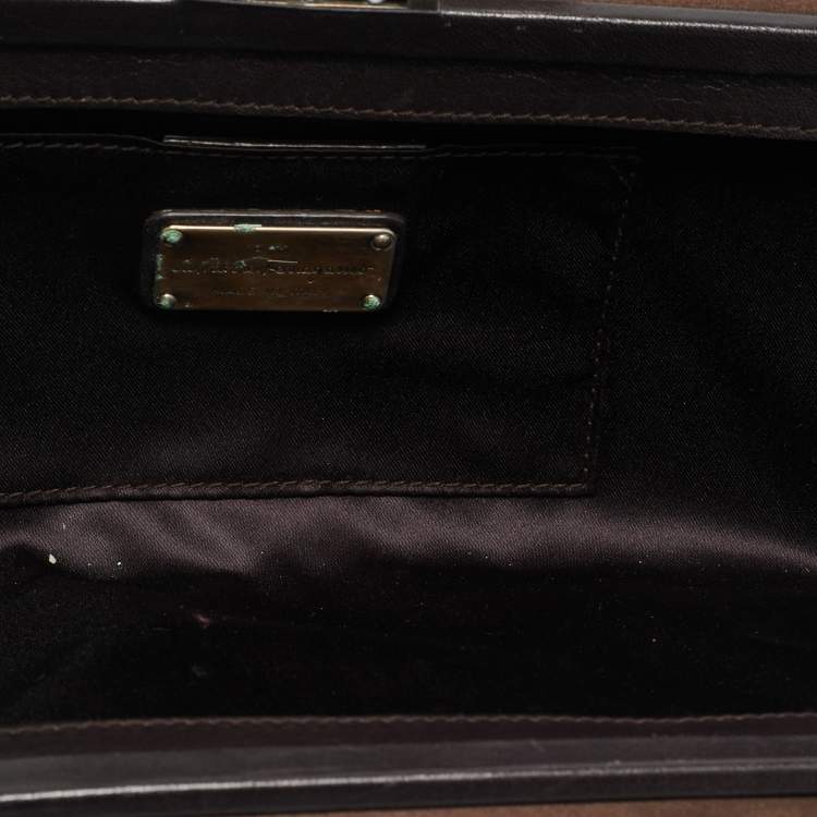 Pre Owned Salvatore Ferragamo Musa Gancini Brown Satin Clutch