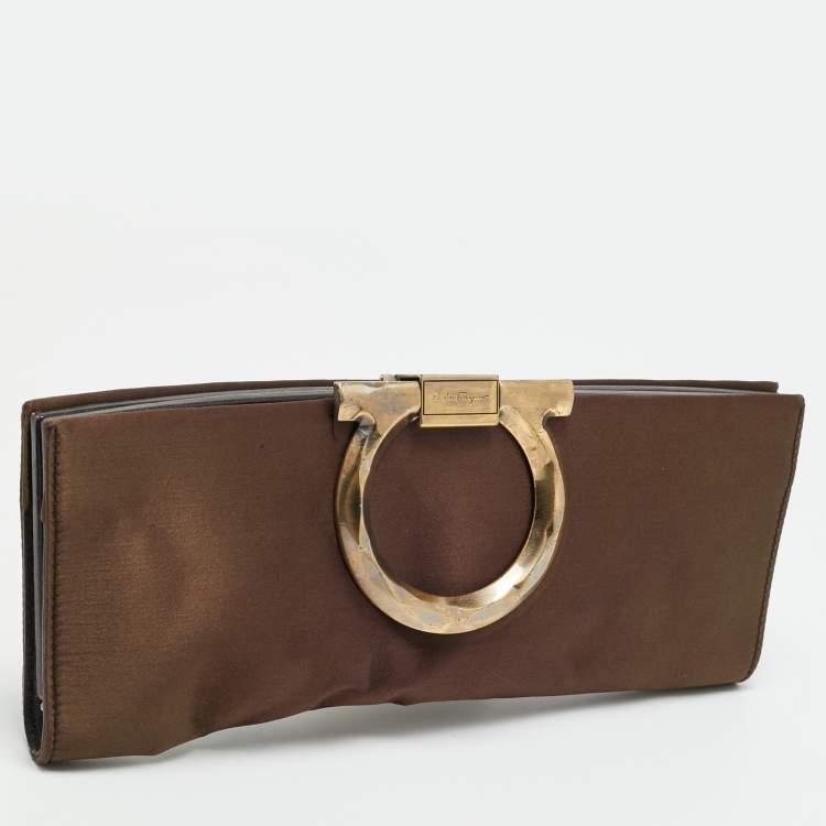 Pre Owned Salvatore Ferragamo Musa Gancini Brown Satin Clutch