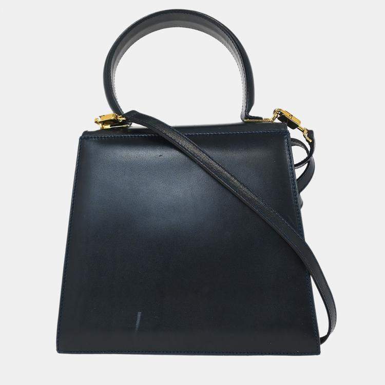 Pre Owned Salvatore Ferragamo Gancini Navy Calfskin Leather Top Handle Bag