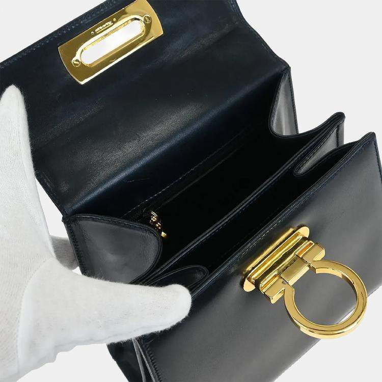 Pre Owned Salvatore Ferragamo Gancini Navy Calfskin Leather Top Handle Bag