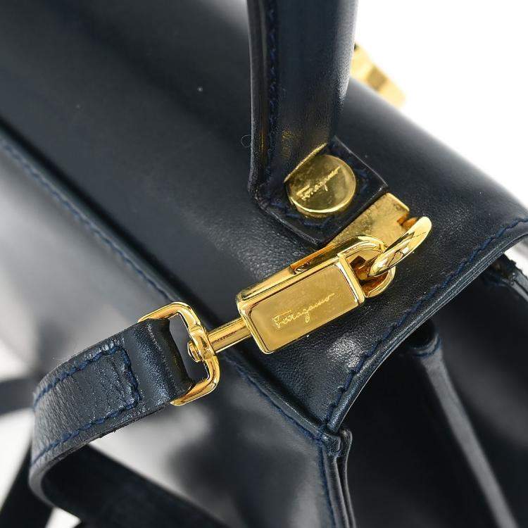 Pre Owned Salvatore Ferragamo Gancini Navy Calfskin Leather Top Handle Bag