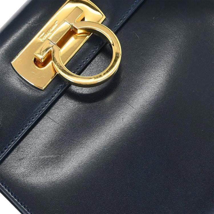 Pre Owned Salvatore Ferragamo Gancini Navy Calfskin Leather Top Handle Bag