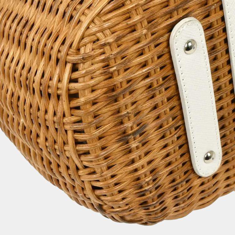 Pre Owned Salvatore Ferragamo Gancini White Rattan Shoulder Bag