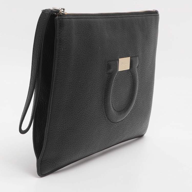 Pre Owned Salvatore Ferragamo Gancini Black Leather Wristlet Clutch