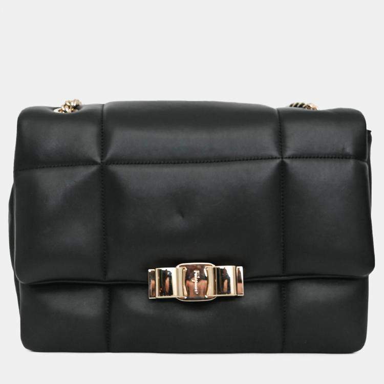 Pre Owned Salvatore Ferragamo Black Quilted Leather Vera Bow Shoulder Bag