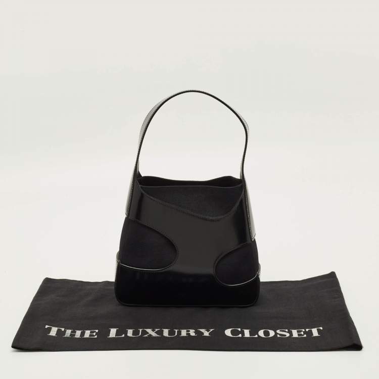 Pre Owned Salvatore Ferragamo Cut Out Small Black Canvas and Patent Leather Shoulder Bag