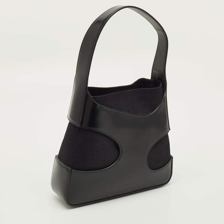 Pre Owned Salvatore Ferragamo Cut Out Small Black Canvas and Patent Leather Shoulder Bag