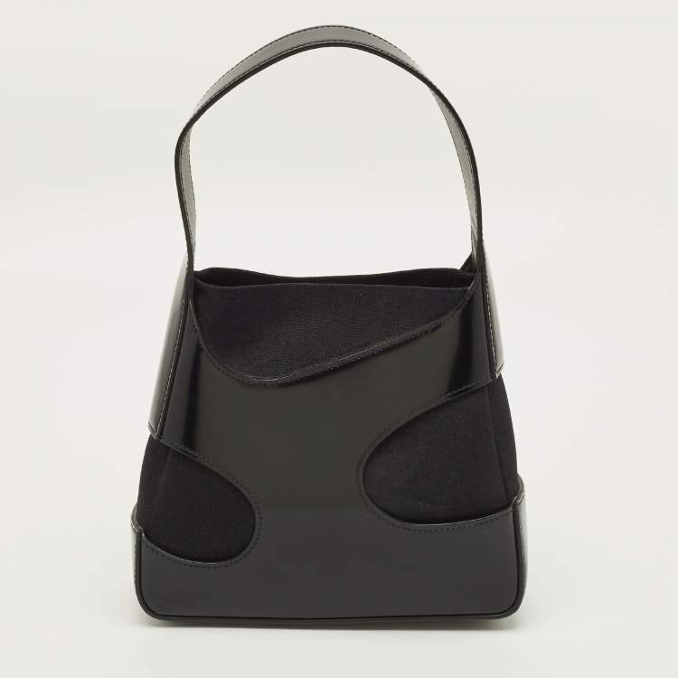 Pre Owned Salvatore Ferragamo Cut Out Small Black Canvas and Patent Leather Shoulder Bag