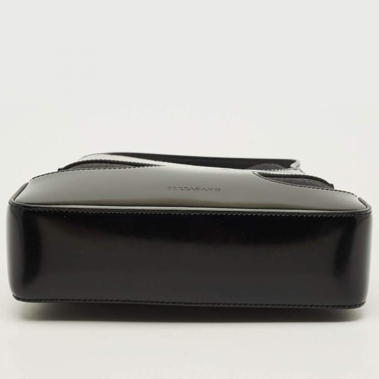 Pre Owned Salvatore Ferragamo Cut Out Small Black Canvas and Patent Leather Shoulder Bag