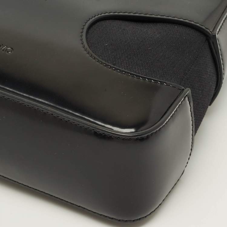 Pre Owned Salvatore Ferragamo Cut Out Small Black Canvas and Patent Leather Shoulder Bag