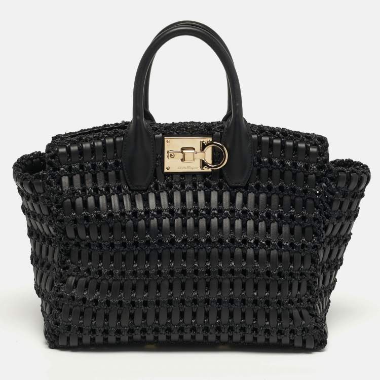 Pre Owned Salvatore Ferragamo Studio Black Woven Leather and Straw Satchel