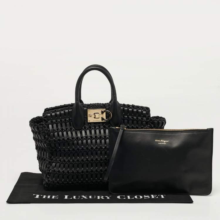 Pre Owned Salvatore Ferragamo Studio Black Woven Leather and Straw Satchel