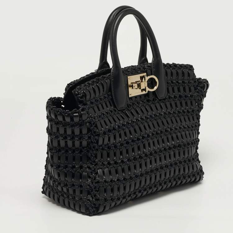 Pre Owned Salvatore Ferragamo Studio Black Woven Leather and Straw Satchel