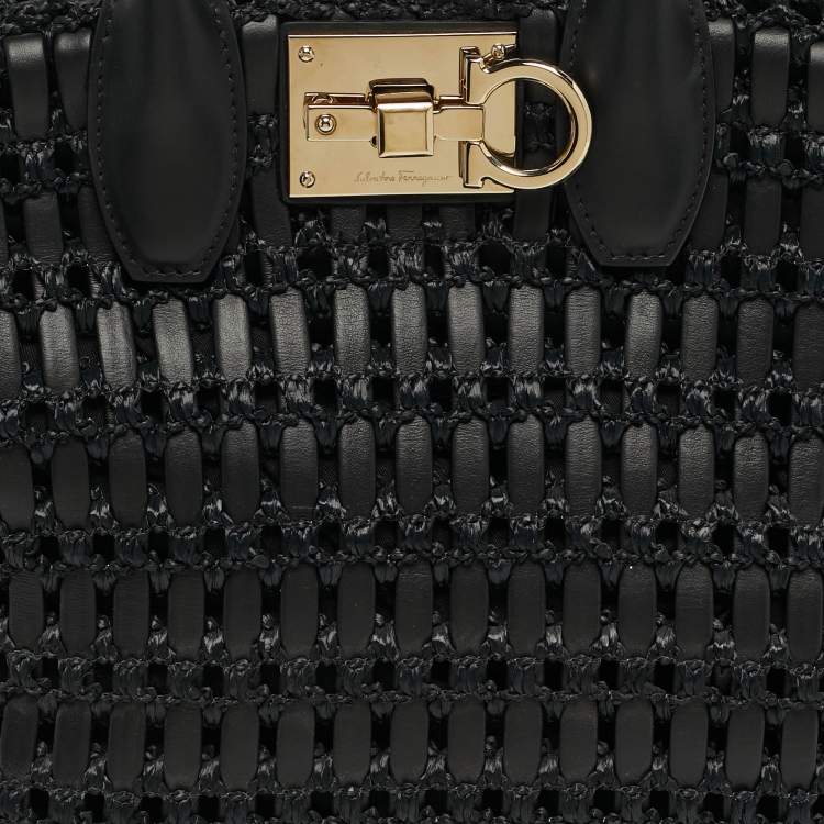 Pre Owned Salvatore Ferragamo Studio Black Woven Leather and Straw Satchel