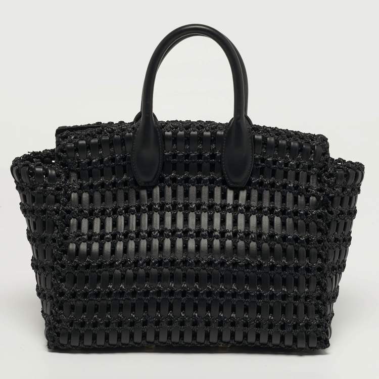 Pre Owned Salvatore Ferragamo Studio Black Woven Leather and Straw Satchel