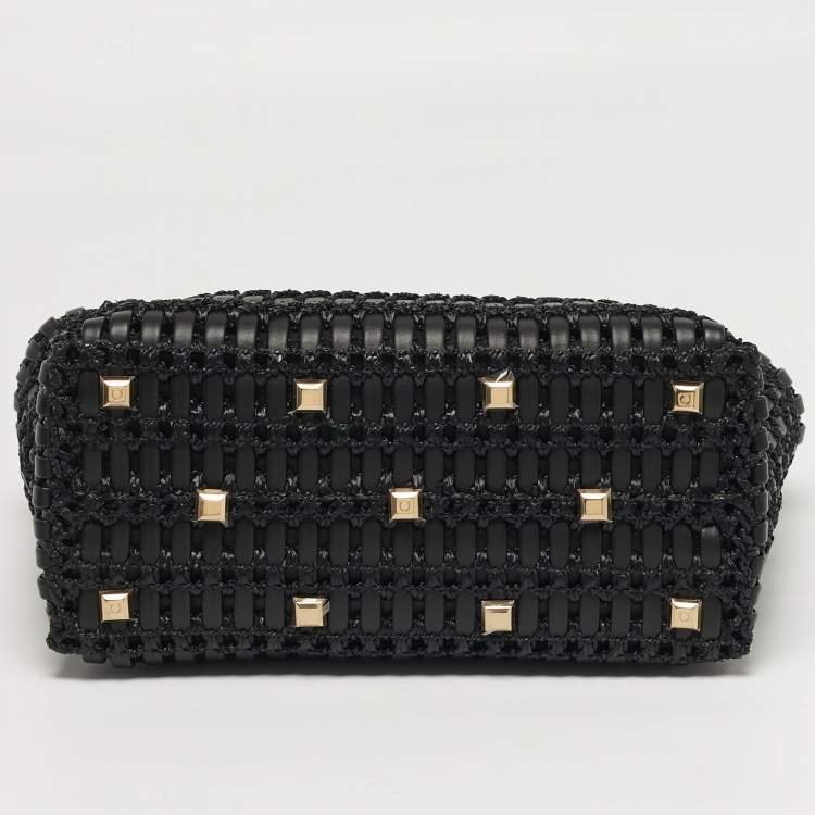 Pre Owned Salvatore Ferragamo Studio Black Woven Leather and Straw Satchel