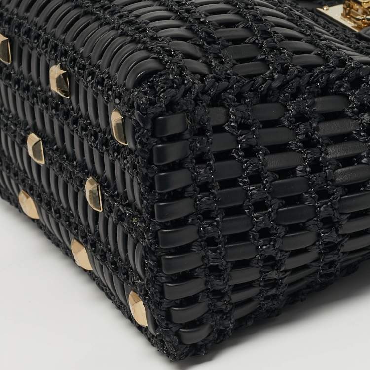 Pre Owned Salvatore Ferragamo Studio Black Woven Leather and Straw Satchel