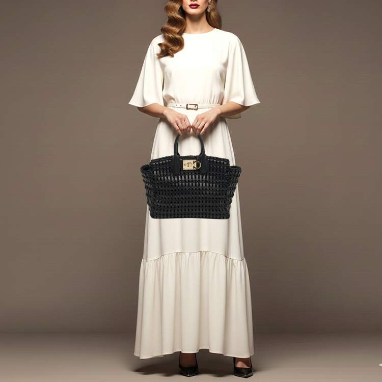 Pre Owned Salvatore Ferragamo Studio Black Woven Leather and Straw Satchel