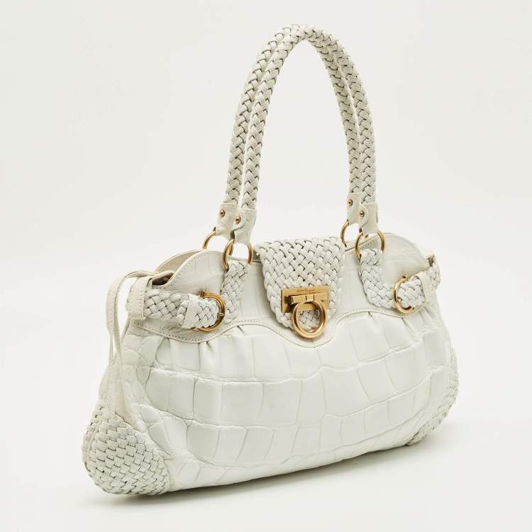 مملوكة مسبقًا حقيبة سالفatori فيراغامو ماريسا منقوشة جلد أبيض كروك