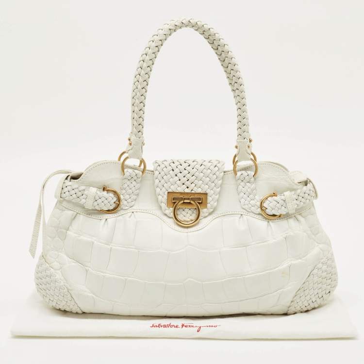 مملوكة مسبقًا حقيبة سالفatori فيراغامو ماريسا منقوشة جلد أبيض كروك