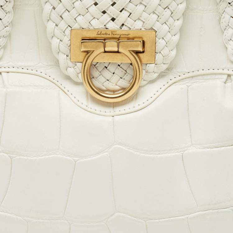 مملوكة مسبقًا حقيبة سالفatori فيراغامو ماريسا منقوشة جلد أبيض كروك