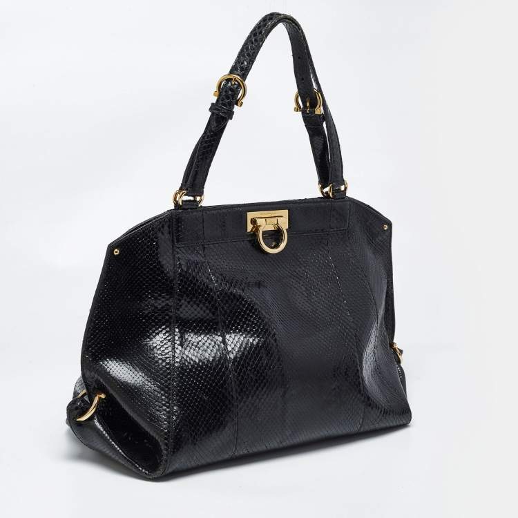 Pre Owned Salvatore Ferragamo Gancio Black Python Satchel