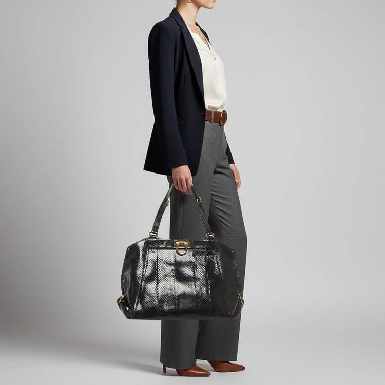 Pre Owned Salvatore Ferragamo Gancio Black Python Satchel