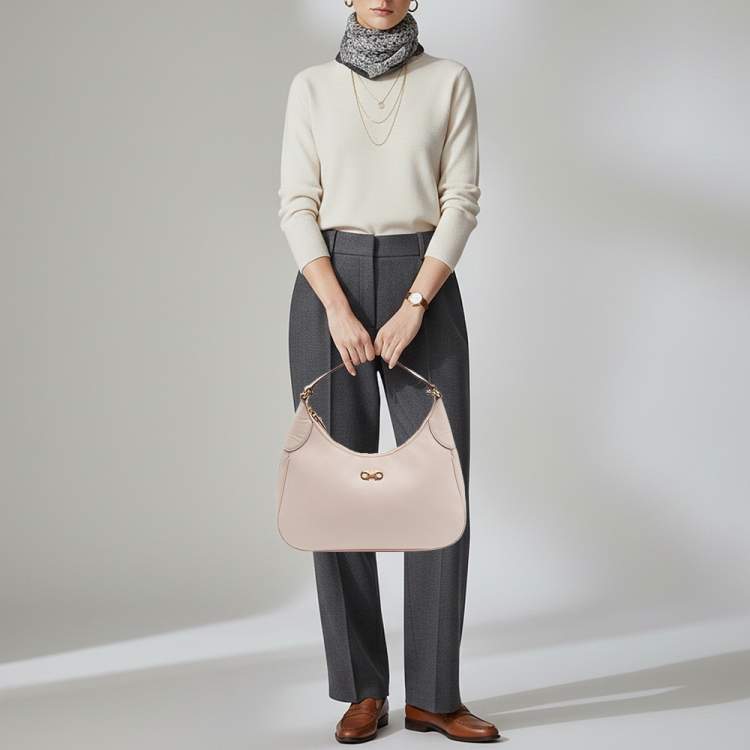 Pre Owned Salvatore Ferragamo Gancini Romana Pink Saffiano Leather Hobo