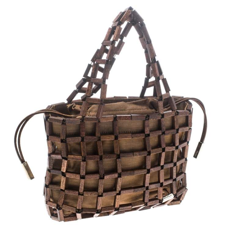 Pre Owned Salvatore Ferragamo Brown Rod Connector Wood Drawstring Bag